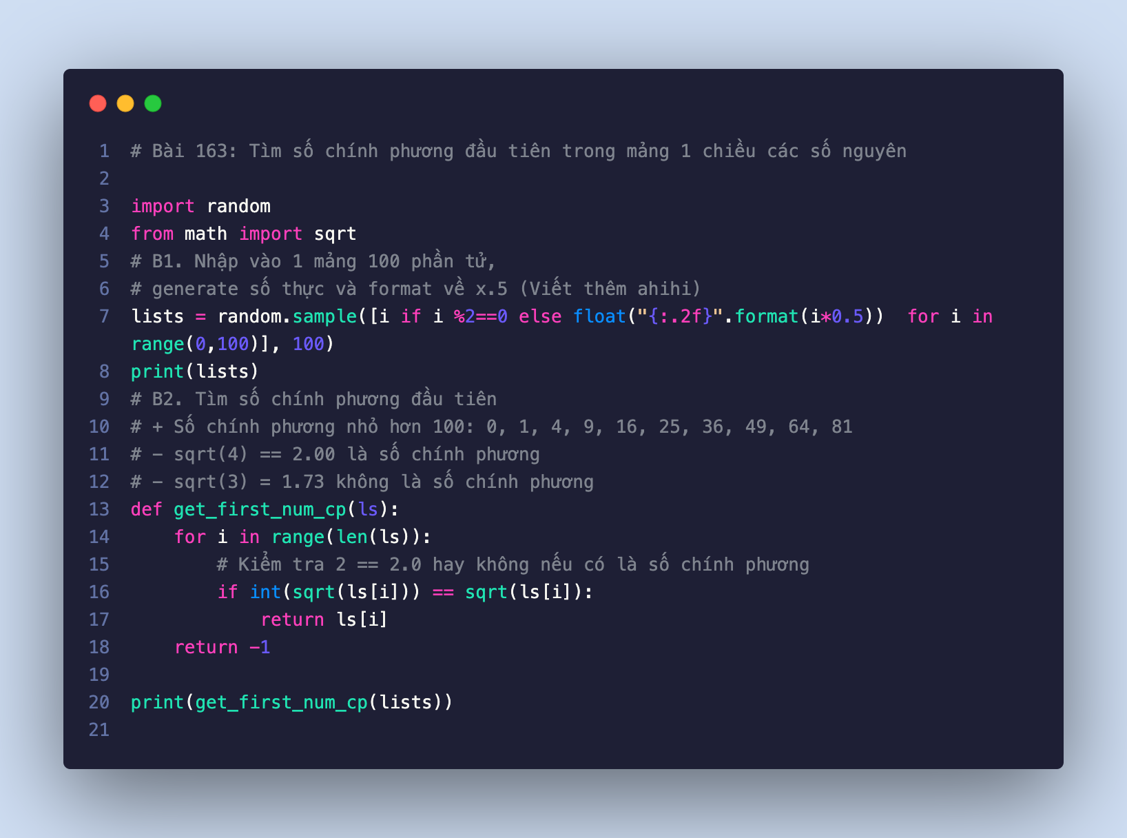Bài code Python 2: Bài 163: Tìm số chính phương đầu tiên trong mảng 1 chiều các số nguyên