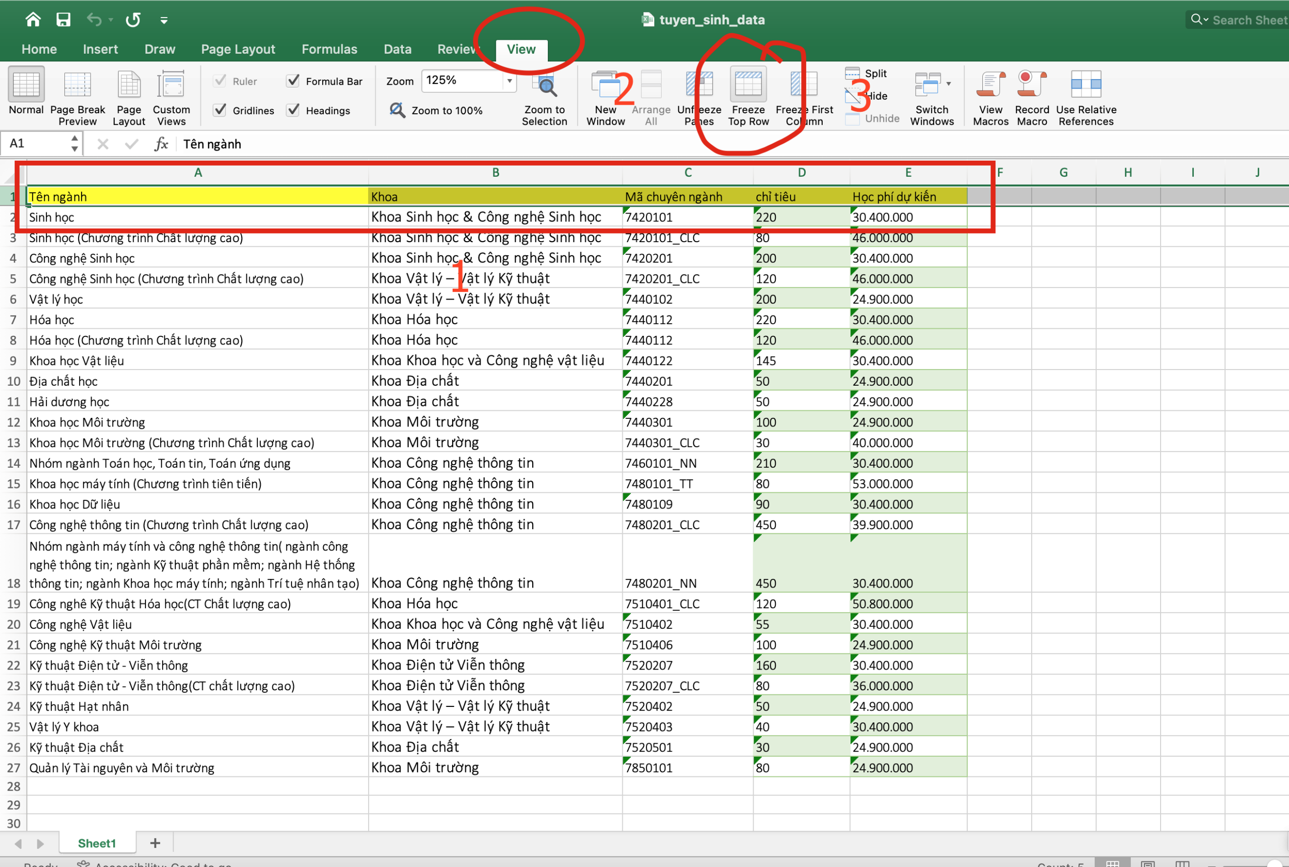 Cố định dòng đầu tiên trong excel