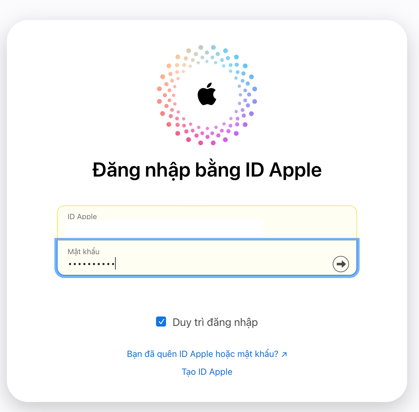 Nhập mật khẩu ID apple