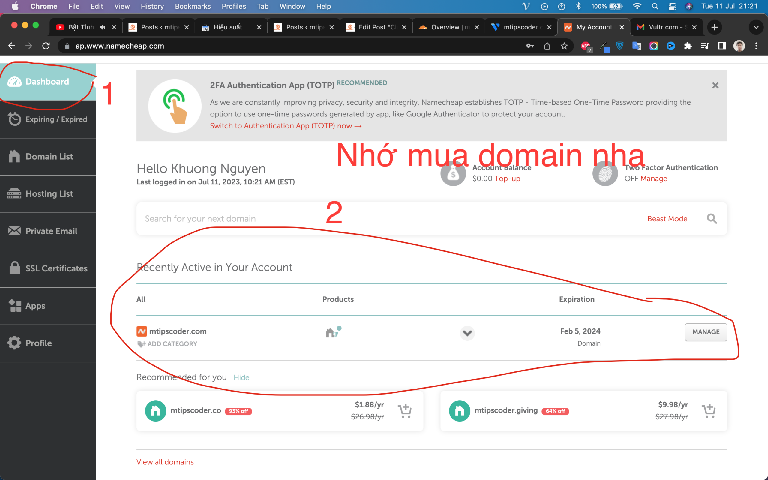 Mua một domain từ namecheap nếu bạn dùng nhà cung cấp khác thì làm tương tự