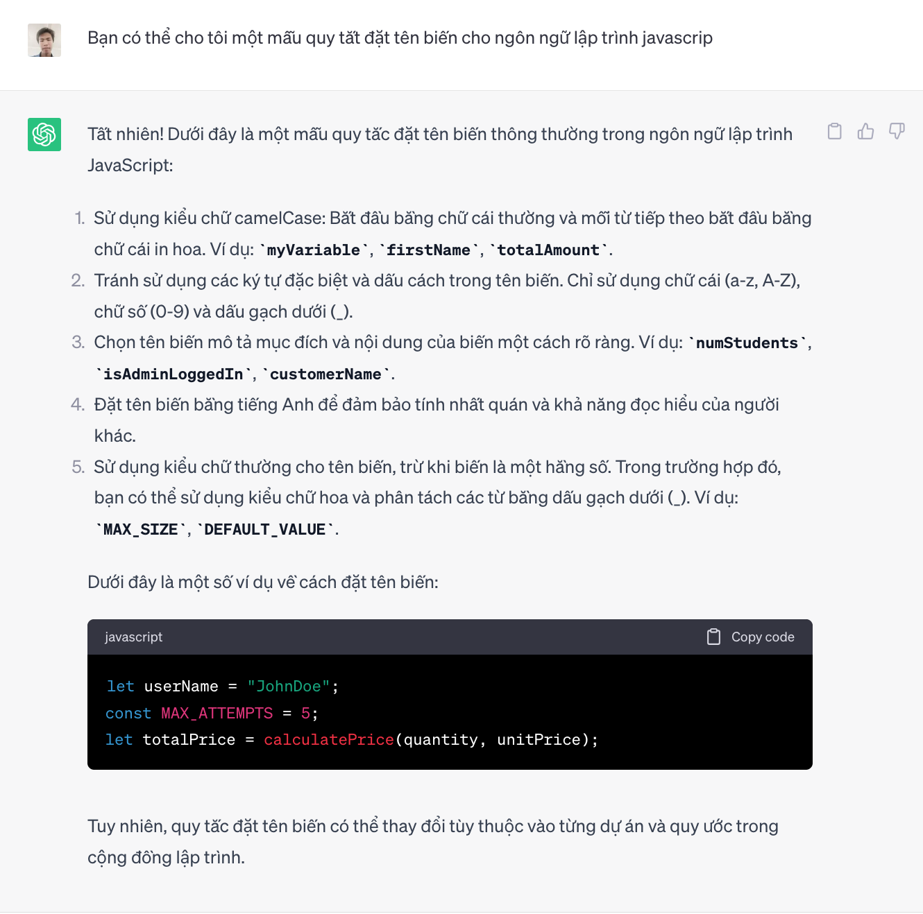 Cách sử dụng chatGPT đặt tên biến hàm