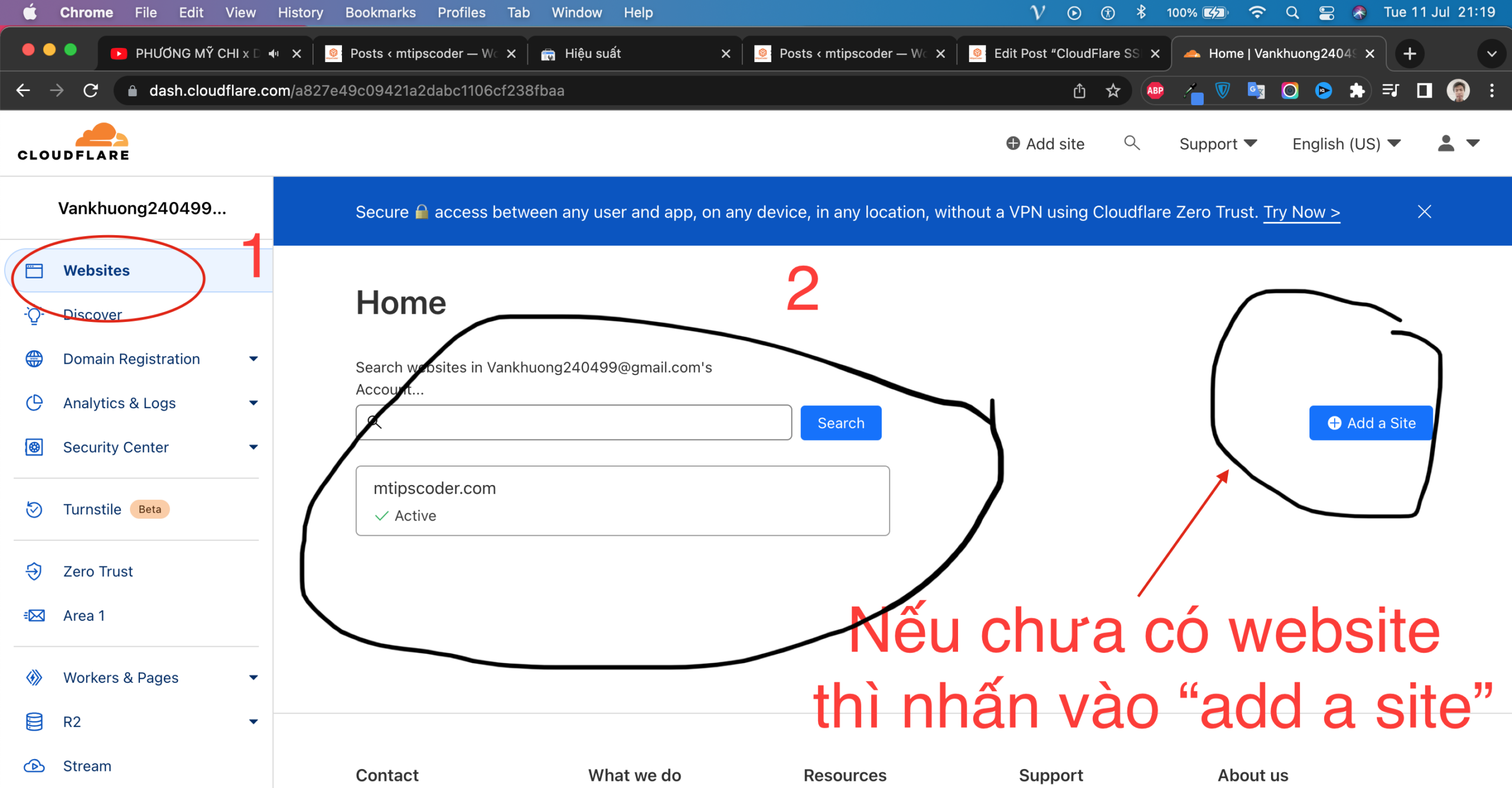 Nếu chưa có website thì bạn add a site và đi đến bước kế tiếp